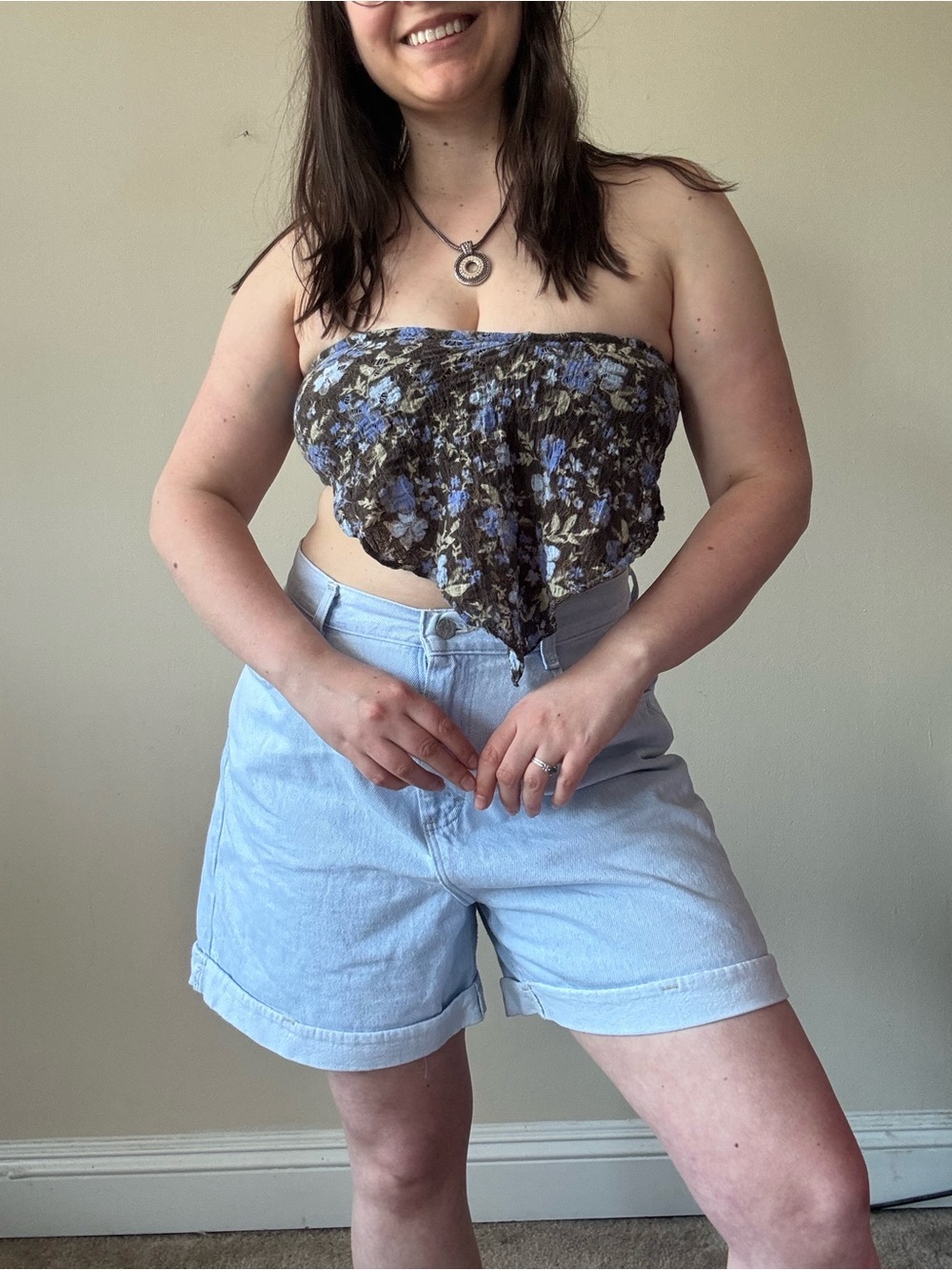 Free People Black Floral Handkerchief Bandeau with Blue Flowers